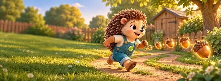 Axel the hedgehog running through the garden collecting golden acorns